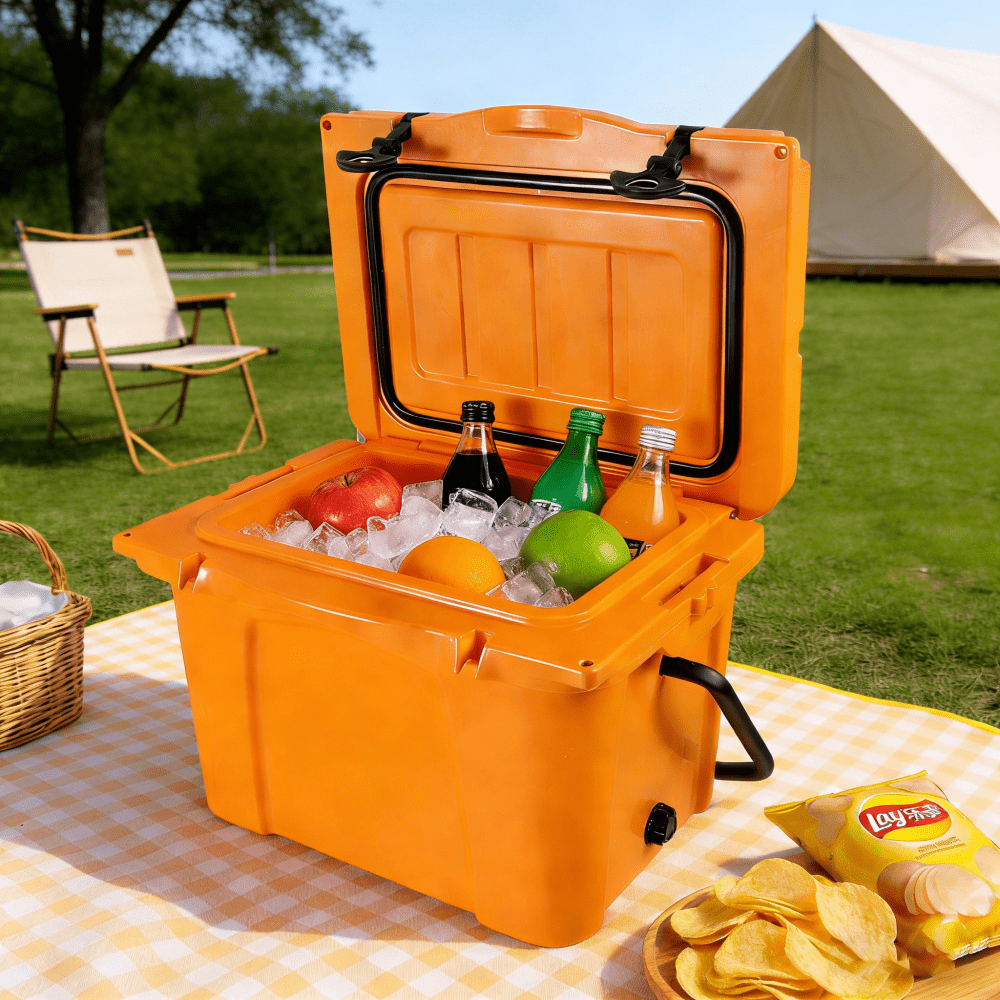Pawverly 25QT Insulated Portable Cooler Box, Hard Ice Chest with Bottle Opener & Cup Holder, Leakproof Cooler for Camping, Fishing, Beach, Travel, Outdoor Use Orange