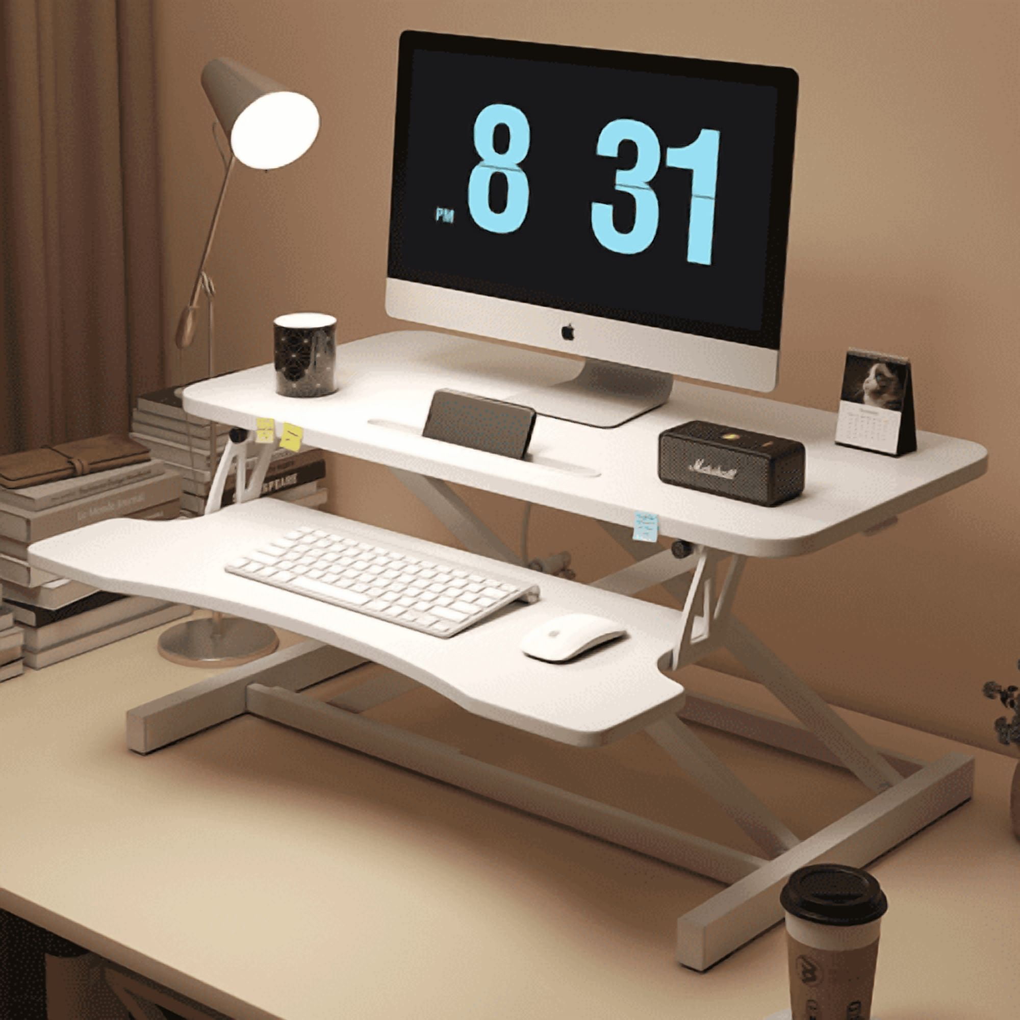 Pawverly 32” Standing Desk Converter, Adjustable Sit Stand Riser for Dual Monitor & Laptop, Spacious Keyboard Tray Workstation, Ergonomic Office Desk Converter White