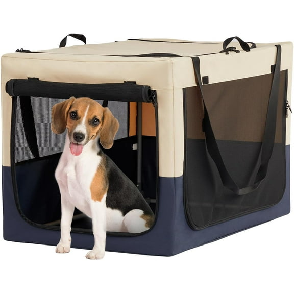 Pawverly 36" Soft-Sided Foldable Dog Crate, Portable Travel Dog Kennel with 3 Doors, Lightweight & Durable Pet Carrier, Gray