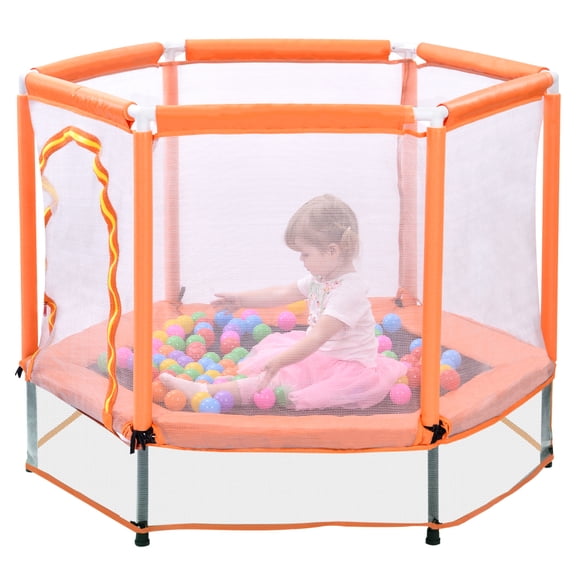 Pawverly 55'' Kids Mini Trampoline with Safety Enclosure Net and Balls, Indoor & Outdoor Toddler Trampoline, Portable Play Trampoline for Home, Orange