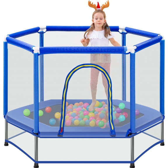Pawverly 55'' Toddler Mini Trampoline with Safety Net Enclosure and Balls, Indoor Outdoor Kids Bouncer, Portable Play Trampoline for Backyard or Home Use, Blue