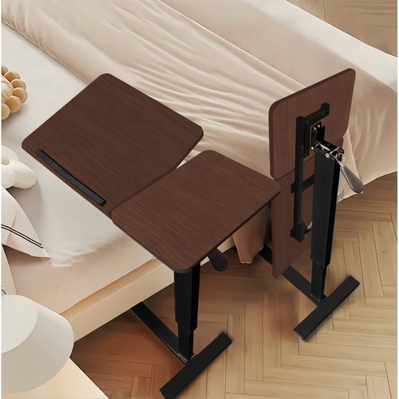 Pawverly Adjustable Overbed Table with Wheels, Rolling Hospital Bedside Laptop Desk with Tilt Top, Mobile Tray Table for Bed Couch Sofa Home Office Use, Walnut