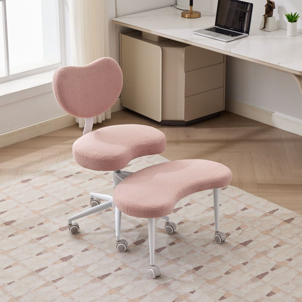 Pawverly Cross-Legged Meditation Chair with Wheels, Adjustable Height Yoga Office Chair with Lumbar Support, Ergonomic Criss Cross Desk Chair for Adults, Pink Teddy