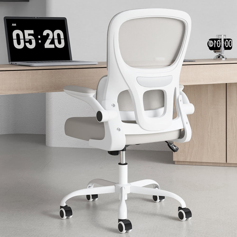 Pawverly Ergonomic Mesh Office Chair with Adjustable Lumbar Support, Flip-up Arms, Swivel Task Computer Desk Chair with Wheels, Comfy Home Office Chair, khaki+White