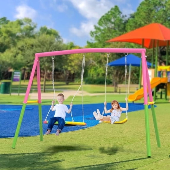 Pawverly Heavy Duty Swing Set for Backyard, Metal Outdoor Swing Stand Supports Up to 440lbs, Includes 32” Saucer Swing and 26.2” Belt Seat for Backyard Playground Fun