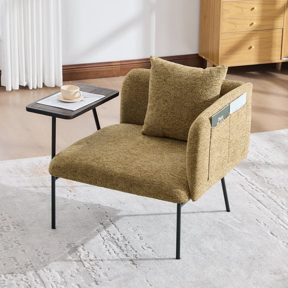 Pawverly Leisure Lounge Chair with Attached End Table, Upholstered Single Sofa Chair with Pillow and Storage Pocket for Small Spaces, Modern Relaxing Chair Yellow