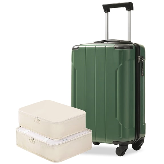 Pawverly Lightweight Carry-On Suitcase, 20 Inch ABS Hard Shell Rolling Luggage with Silent Spinner Wheels, Built-in TSA Combination Lock, 2 Packing Cubes for Travel, Green
