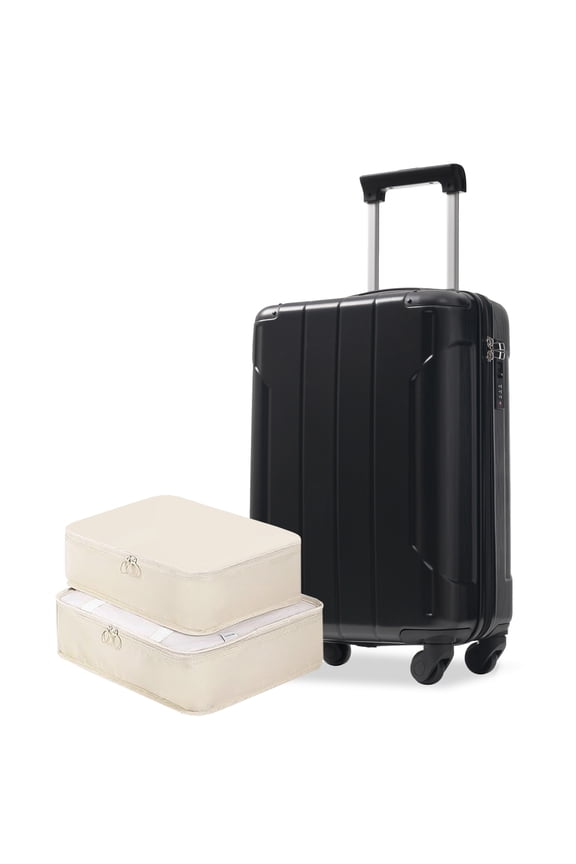 Lightweight Carry-On Suitcase, 20 Inch ABS Hard Shell Rolling Luggage with Silent Spinner Wheels, Built-in TSA Combination Lock, 2 Packing Cubes for Travel, Black