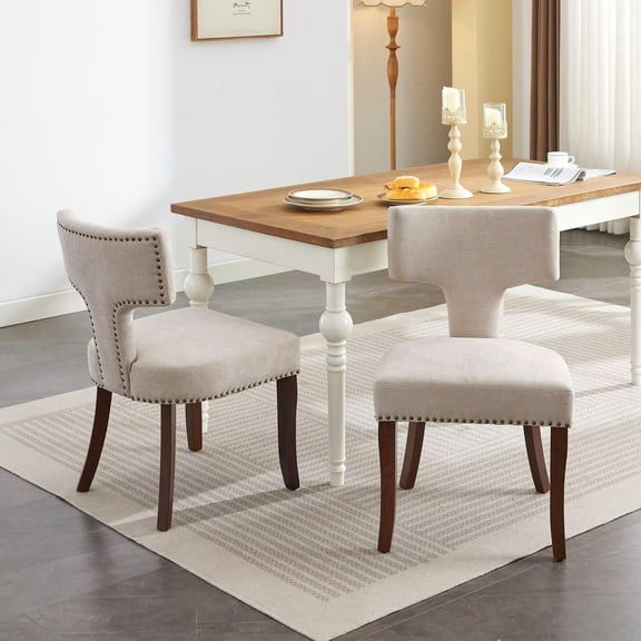 Pawverly Mid-Century Modern Dining Chairs Set of 2, Linen Upholstered Accent Kitchen Chairs with Curved Backrest, Copper Nail Trim & Solid Wood Frame, Beige
