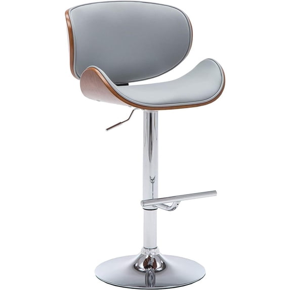 Pawverly Modern Swivel Bar Stool with Adjustable Height, Faux Leather Counter Height Bar Chair with Bentwood Walnut Seat and Chrome Base for Kitchen Island or Bar, Gray