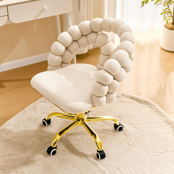 Pawverly Modern Tufted Accent Chair with Wheels, Adjustable Velvet Task Chair for Home Office Salon Bedroom Study Corner, Gold Casters Beige