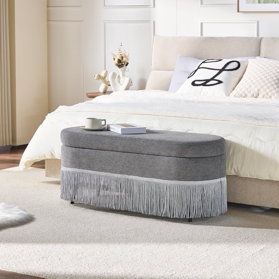 Pawverly Modern Upholstered Ottoman Seat with Fringe Detail, Multi Use Storage Footrest Bench for Coffee Table Seating Living Room Lounge Bedroom Decor, Grey