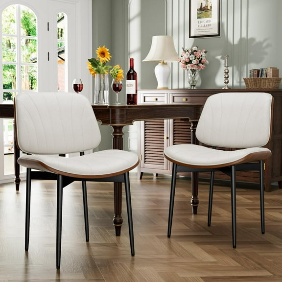 Pawverly Retro Mid-Century Dining Chairs Set of 2, PU Leather Upholstered Seat, Walnut Bentwood Backrest, Metal Legs, White