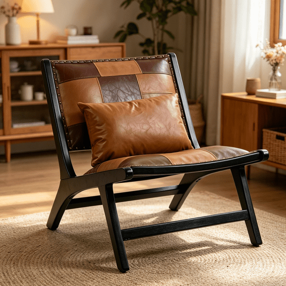 Pawverly Scandinavian Faux Leather Accent Chair, Modern Bohemian Reading Chair with Wood Frame for Bedroom Living Room Office Lounge Seating, Brown