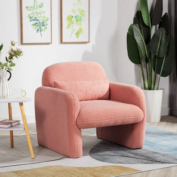 Pawverly Teddy Fleece Accent Chair with Pillow, Upholstered Armchair Single Sofa Chair for Living Room, Bedroom, or Study, Pink Sherpa Fabric