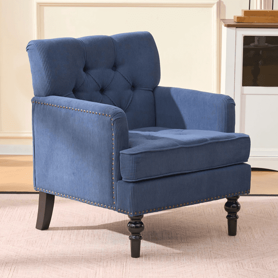 Pawverly Tufted Club Accent Chair, Mid-Century Modern Upholstered Button Armchair with Studded Trim, Linen Fabric Reading Chair for Living Room or Bedroom, Blue