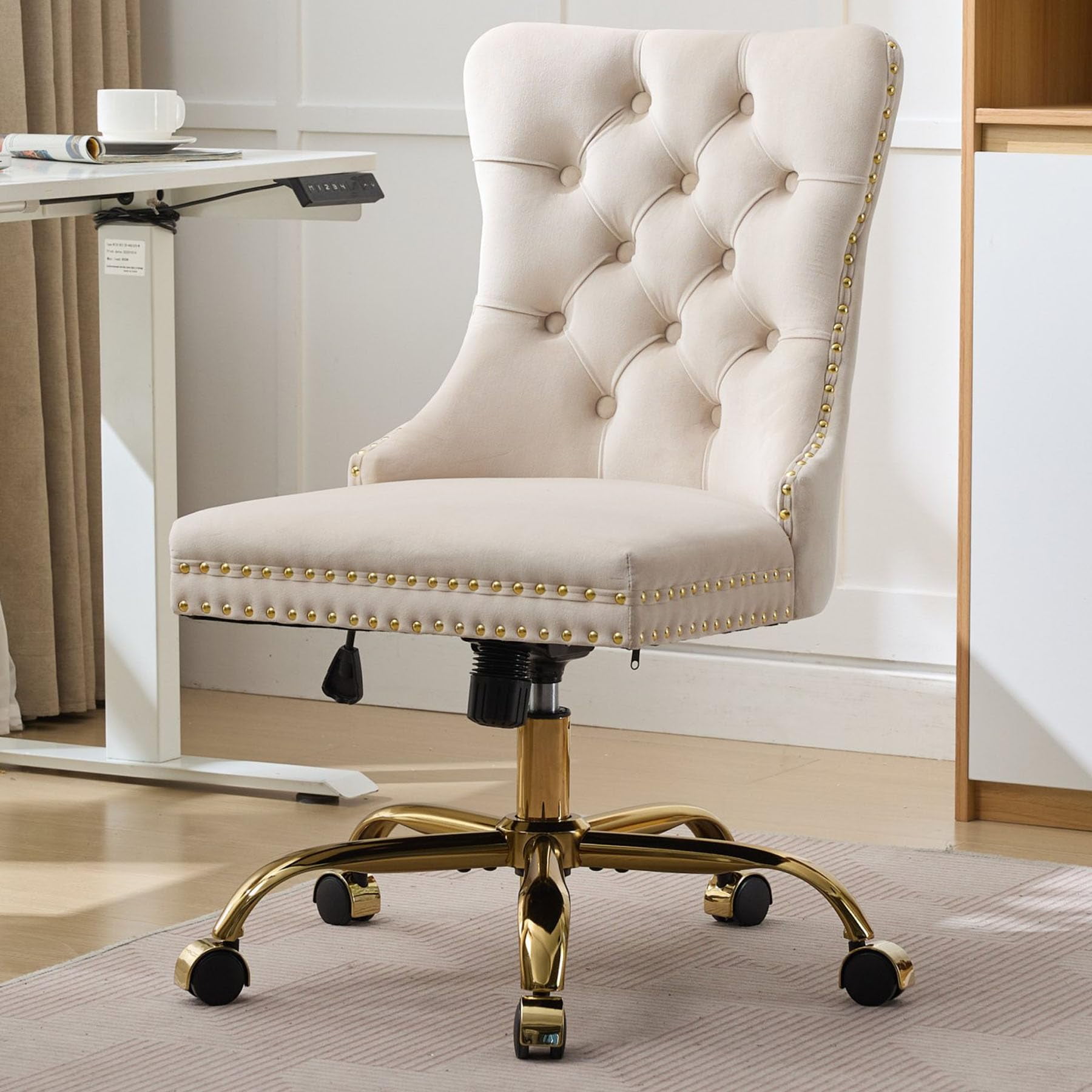 Pawverly Velvet Upholstered Office Chair, Tufted Button Swivel Desk Chair with Adjustable Height, Gold Metal Base & Wheels, Modern Vanity Chair, Beige