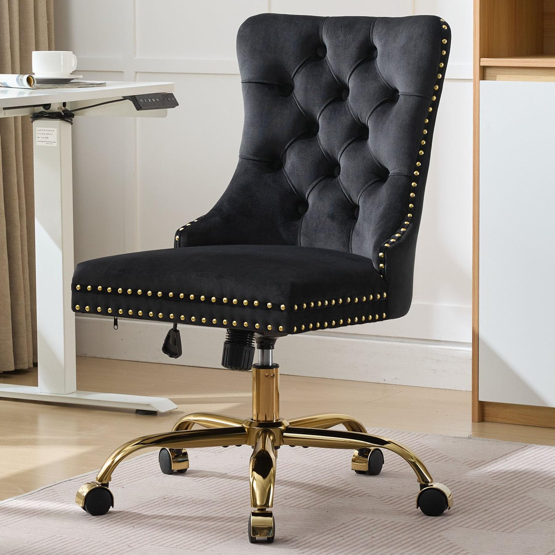 Pawverly Velvet Upholstered Office Chair, Tufted Button Swivel Desk Chair with Adjustable Height, Gold Metal Base & Wheels, Modern Vanity Chair, Black
