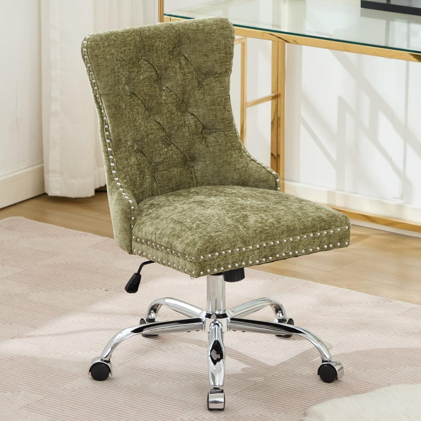 Pawverly Velvet Upholstered Office Chair, Tufted Button Swivel Desk Chair with Adjustable Height, Gold Metal Base & Wheels, Modern Vanity Chair, Green
