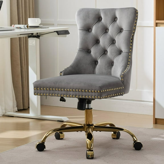 Pawverly Velvet Upholstered Office Chair, Tufted Button Swivel Desk Chair with Adjustable Height, Gold Metal Base & Wheels, Modern Vanity Chair, Gray