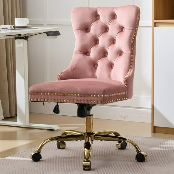 Pawverly Velvet Upholstered Office Chair, Tufted Button Swivel Desk Chair with Adjustable Height, Gold Metal Base & Wheels, Modern Vanity Chair, Pink