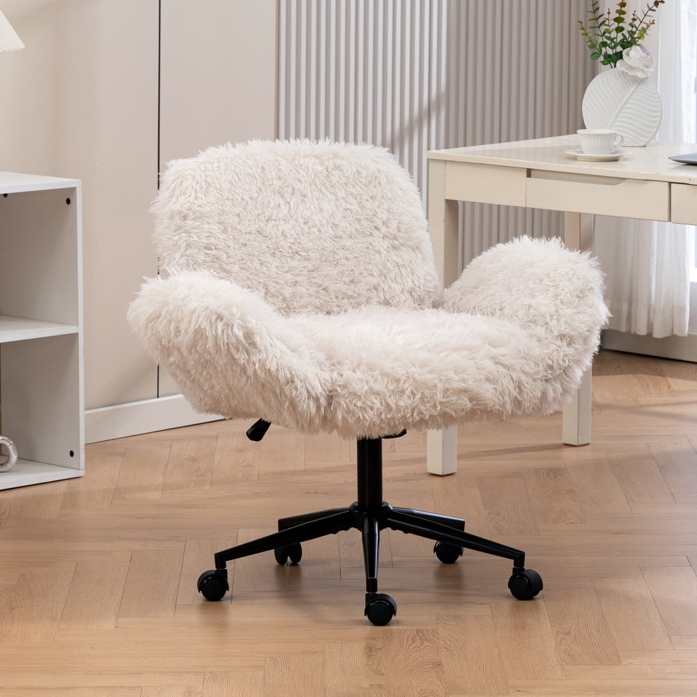 Pawverly cross-over office chair, with wheels, ergonomic swivel design, 5-position adjustable armrests, thick padded backrest, Beige lamb wool dressing chair.
