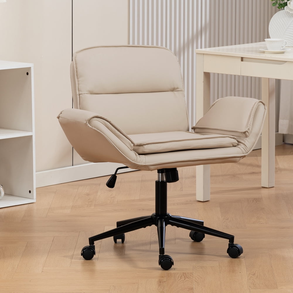 Pawverly cross-over office chair, with wheels, ergonomic swivel design, 5-position adjustable armrests, thick padded backrest, beige PU vanity chair, suitable for home offices and bedrooms.