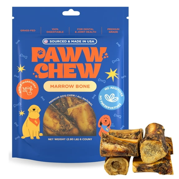 Paww Chew 100% Natural Dog Bones, Single Ingredient (6 Pack) Marrow Filled Bones for Dogs, Made in the USA, Beef Bone Marrow for Aggressive Chewers, Real Meaty Dog Bones for Large, Medium, Small Dogs