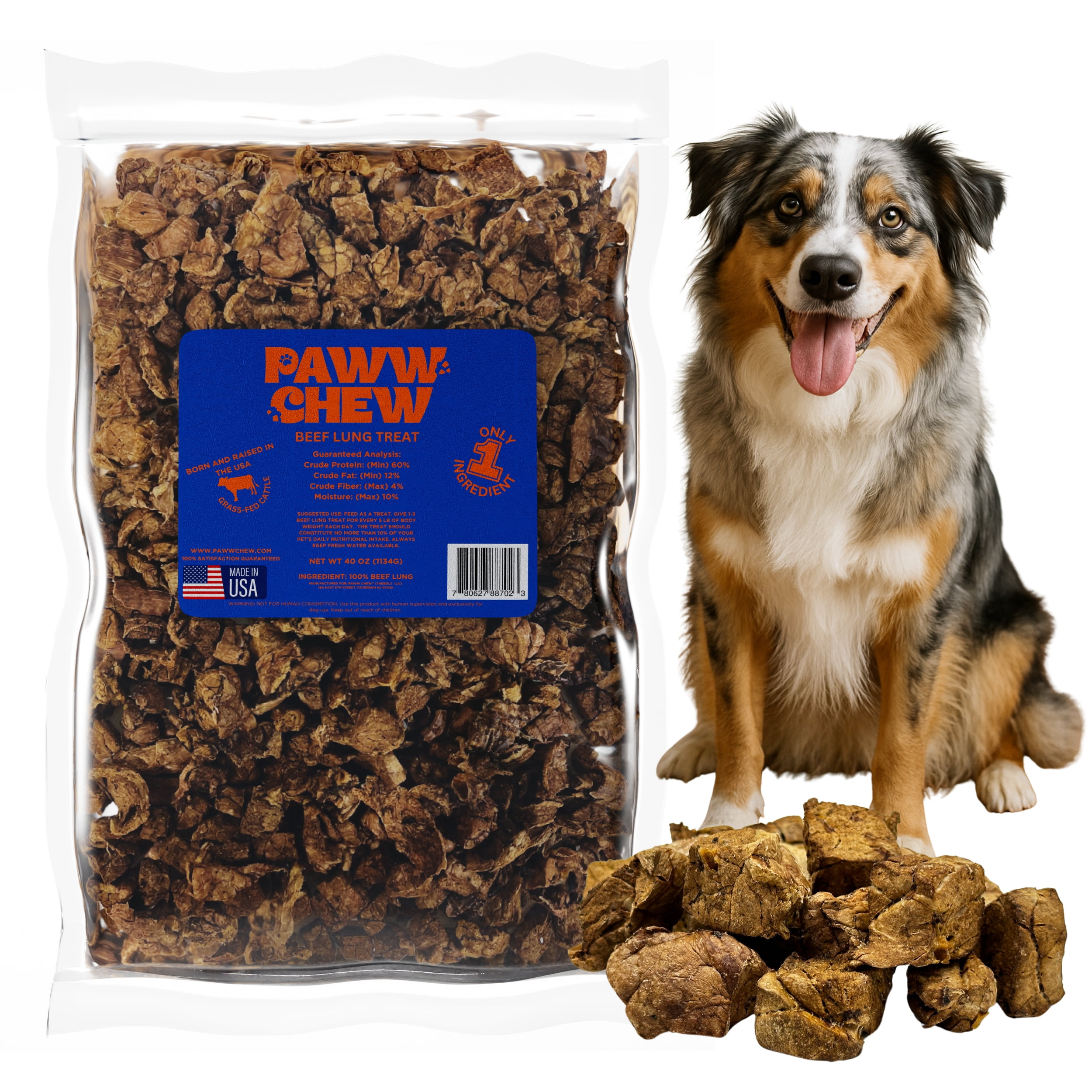 Paww Chew Beef Lung Dog Treats, 100% Natural, Single Ingredient (2.5 Pound) Made in the USA, Dried & Dehydrated, High Protein, High Value Dog Training Treats, Grain Free, Low-Odor Free for All Breeds