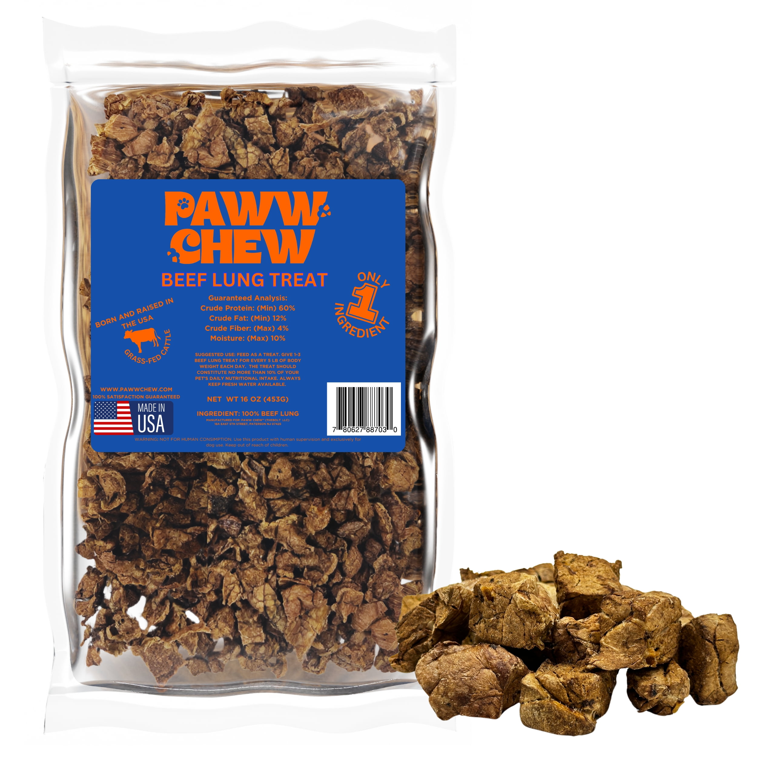 Paww Chew Beef Lung Dog Treats, All Natural, Single Ingredient Dog Treat, (1 Pound) Made and Sourced in The USA, Dehydrated High Protein Dog Training Treats, Grain Free, Low-Odor Free for All Breeds