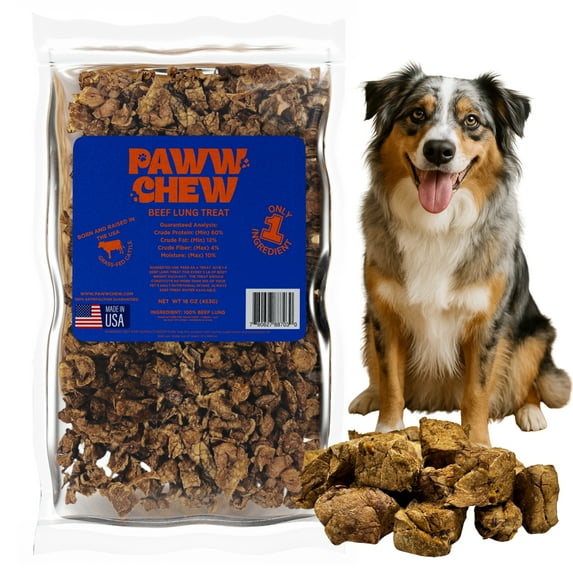 Paww Chew Beef Lung Dog Treats, All Natural, Single Ingredient Dog Treat, (1 Pound) Made and Sourced in The USA, Dehydrated High Protein Dog Training Treats, Grain Free, Low-Odor Free for All Breeds