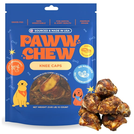 Paww Chew Knee Caps for Dogs, 100% Natural Single Ingredient (12 Pack) Made and Sourced in the USA, High Protein, Grass-Fed Beef Knee Caps & Knuckle Bones, Long Lasting Cow Knee Caps, Meaty Dog Bones