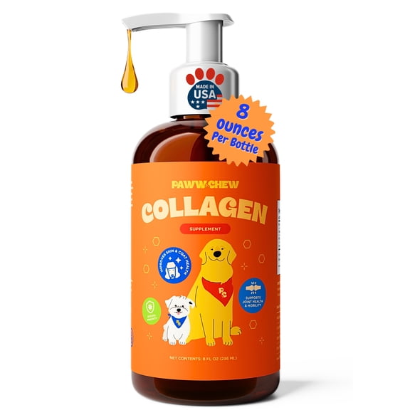 Paww Chew Liquid Collagen For Dogs - Hip & Joints Support, Skin and Coat Relief for Dogs With Dry Skin, Itch Relief, Allergy Support with Biotin, MSM and Vitamin C for Joint, Nails, Made in the USA