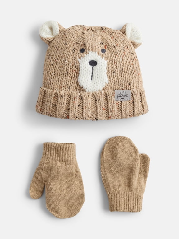 Infants' Bear Face Beanie Hat and Mittens Set, 3-Piece, One Size