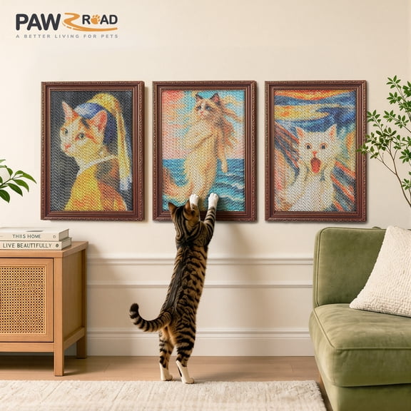 Pawz Road 3-Pack Corrugated Cardboard Cat Scratcher Board, 16"x12" Pad with Adhesives for Indoor Cats, Fun Art Cat Series
