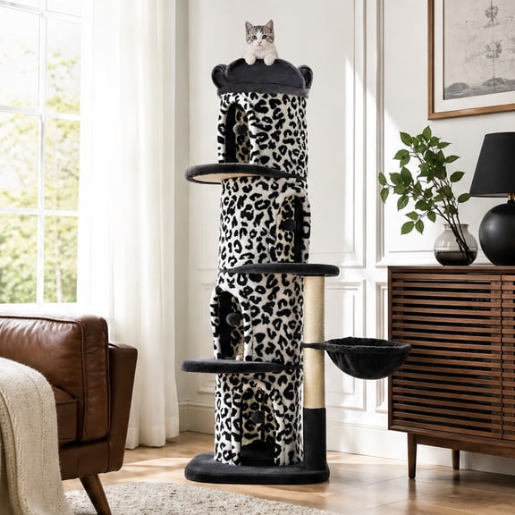 Pawz Road 68" Leopard Plush Cat Tree, Multi-Level Cat Tree for Large Cats, 4 Condos, Ideal for Multi-Cat Households