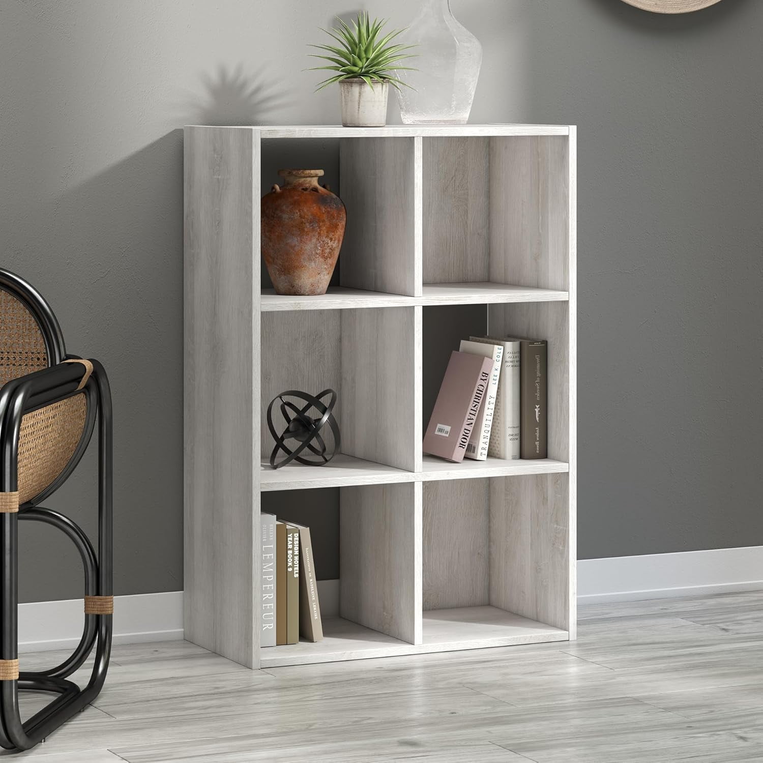 Paxberry Coastal 6 Cube Storage Organizer Bookcase Whitewash Finish for Home Office Bedroom Living Room
