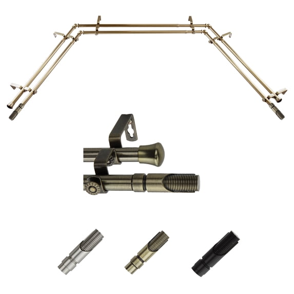 Paxon 13/16" Double Bay Window curtain rod Adjustable 20"-36", 38"-72" - Antique Brass,(ABay-66-4D)