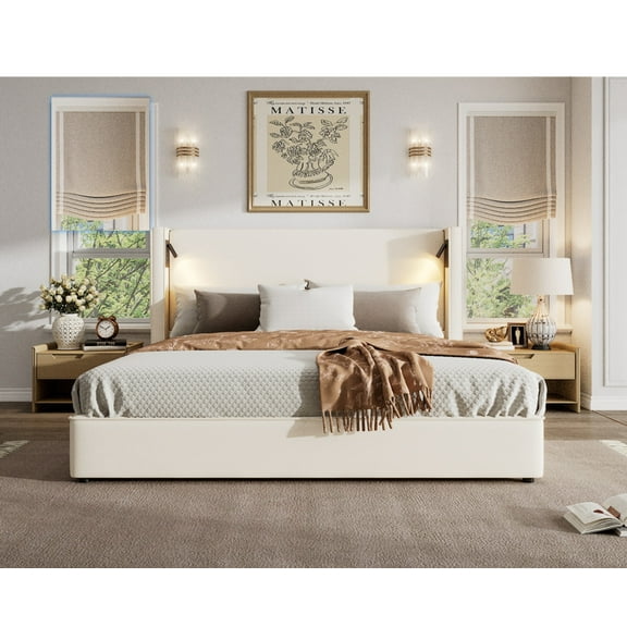 Paxton Modern King Upholstered Bed, Platform Bed with Wingback Headboard, USB Port, Reading lamp, Beige