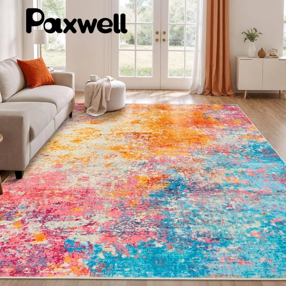 Paxwell 9x12 Abstract Area Rugs for Living Room Washable Rug Low Pile Non-Slip Carpet for Bedroom Home Office,Colorful Rainbow