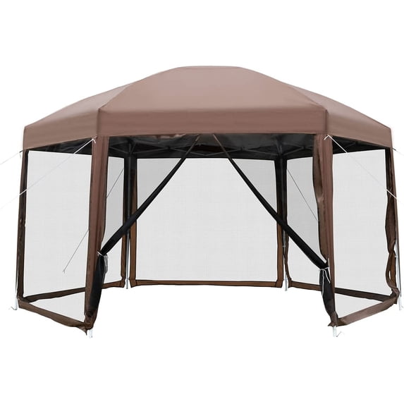 PayLessHere 13x13ft Hexagonal Gazebo Pop up with Mosquito Netting Carry Bag Waterproof, Brown