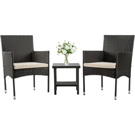 PayLessHere 3 Pieces Wicker Outdoor Furniture Rattan Patio with 2 Outdoor Chairs,Black