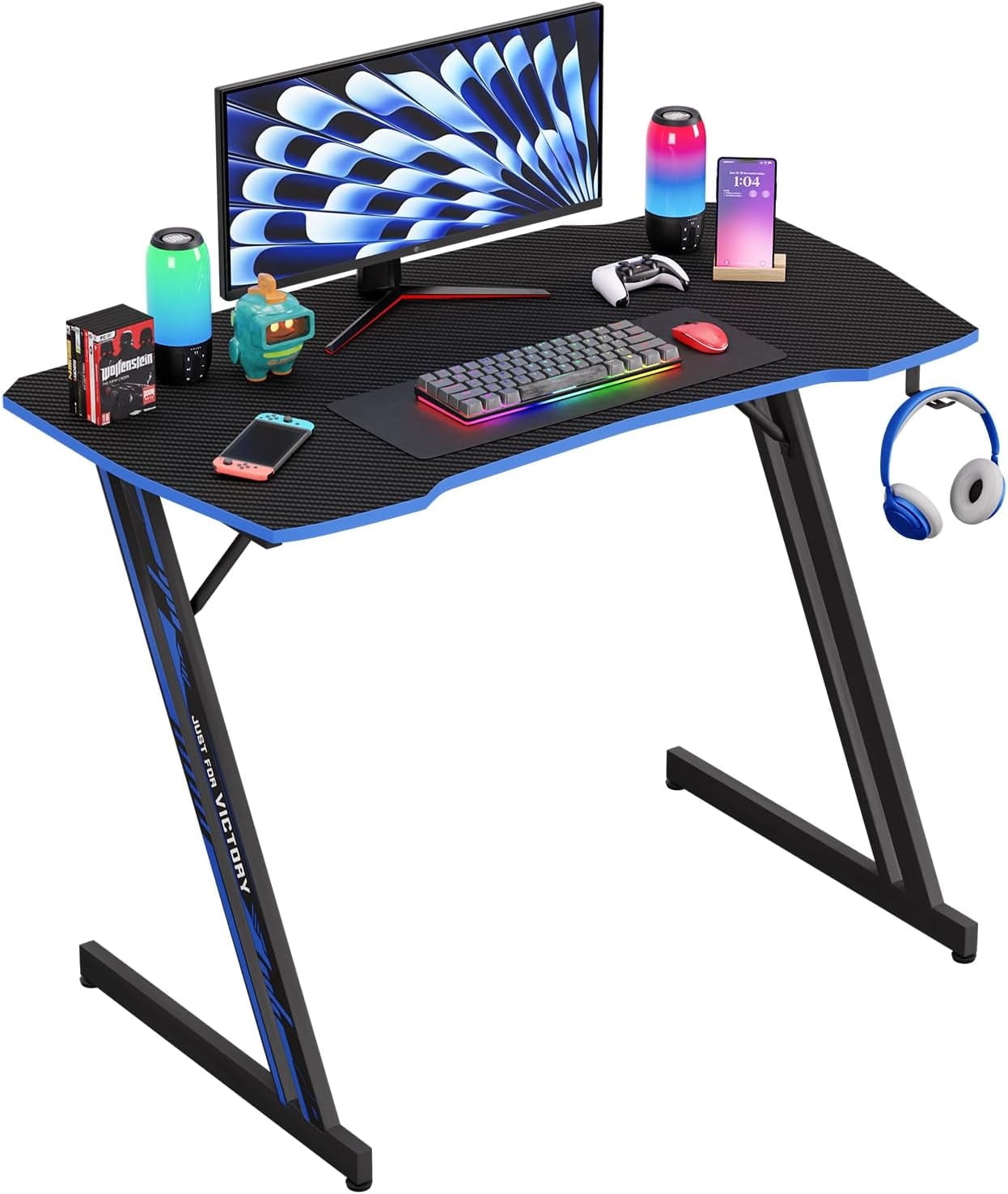 PayLessHere 39 Inch Z-Shaped Gaming Desk with Headphone Hook,Blue