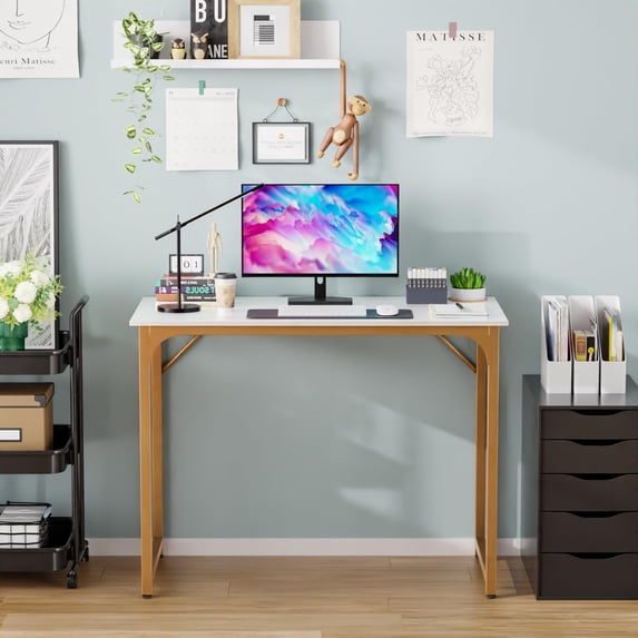 PayLessHere 39 inch Computer Desk Modern Writing Desk, Simple Study Table, Industrial Office Desk, Sturdy Laptop Table for Home Office,Gold
