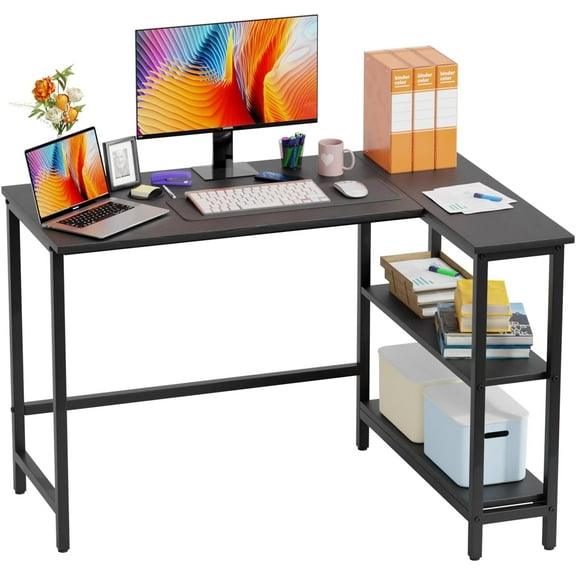 PayLessHere 43 inch Computer Desk with Metal Frame, Reversible Storage Shelves,Black