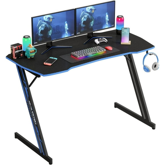 PayLessHere 47 Inch Modern Z-Shaped Gaming Desk with Headphone Hook,Blue