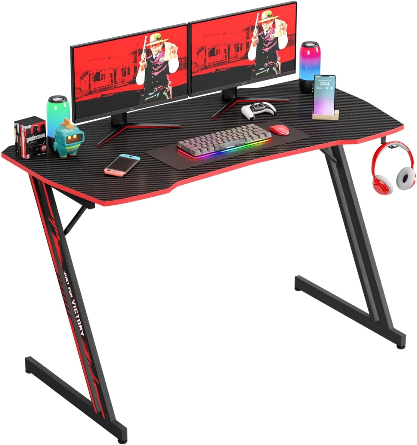 PayLessHere 47 Inch Modern Z-Shaped Gaming Desk with Headphone Hook,Red