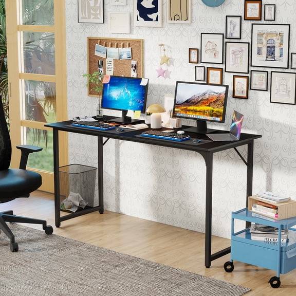 PayLessHere 55 Inch Black Computer Desk with Metal Frame, Adjustable Feet,Pack of 1