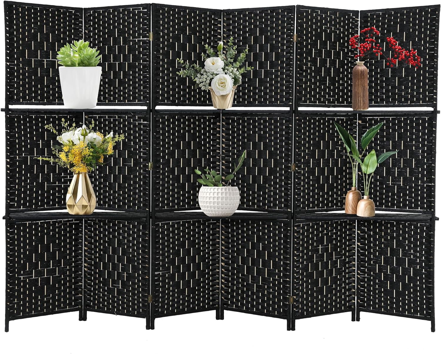 FDW 6 Panel Room Divider Wooden Portable Partition Screen Wood with Removable Storage Shelves Color, Black
