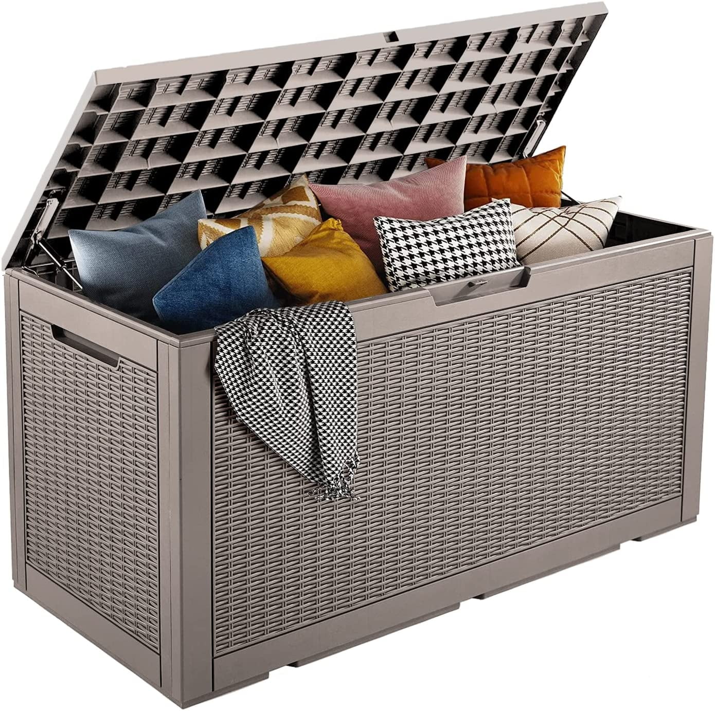 Tan Lockable Plastic 100 Gallon Deck Storage Box Bench